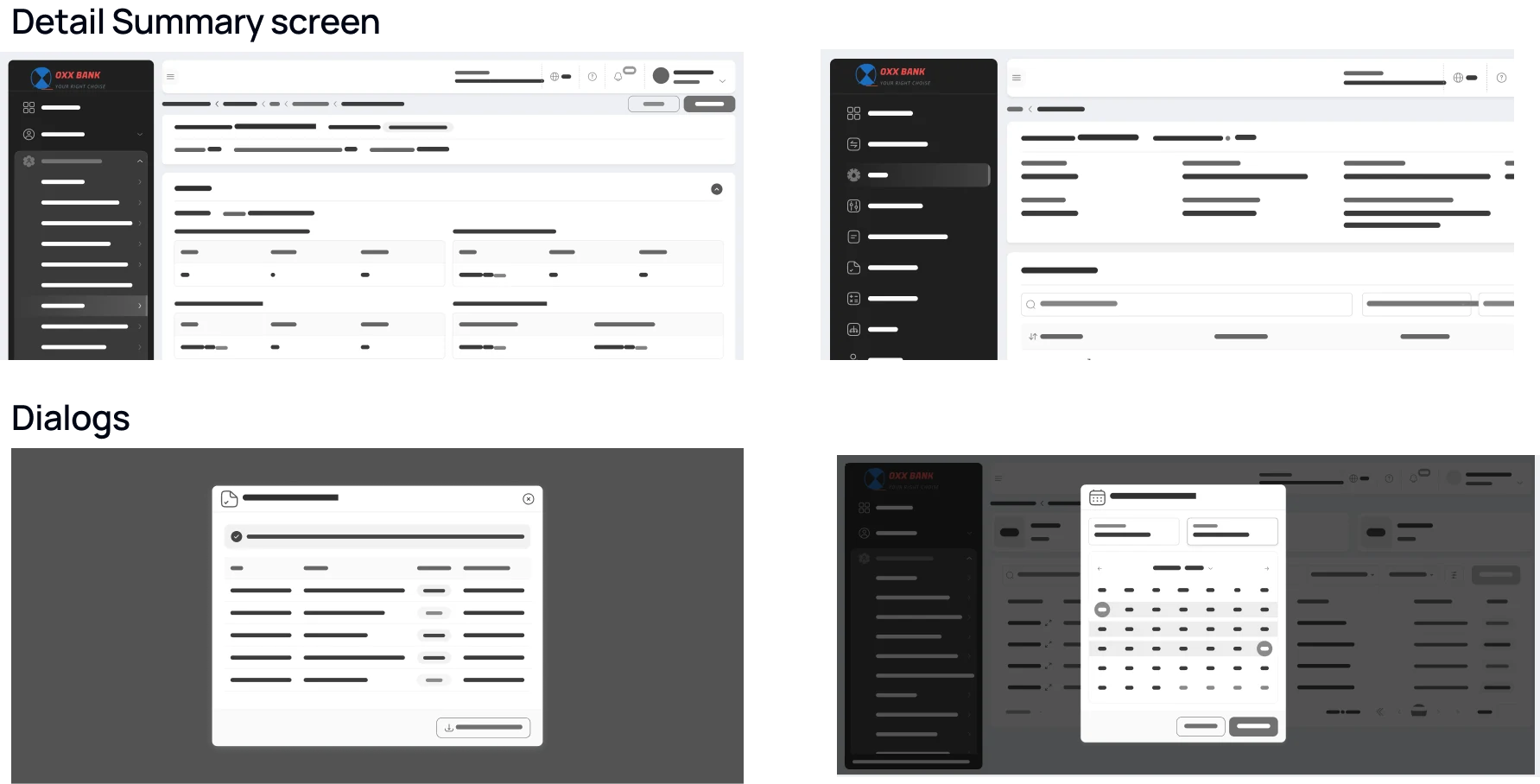 Detail summary and dialogs wireframes