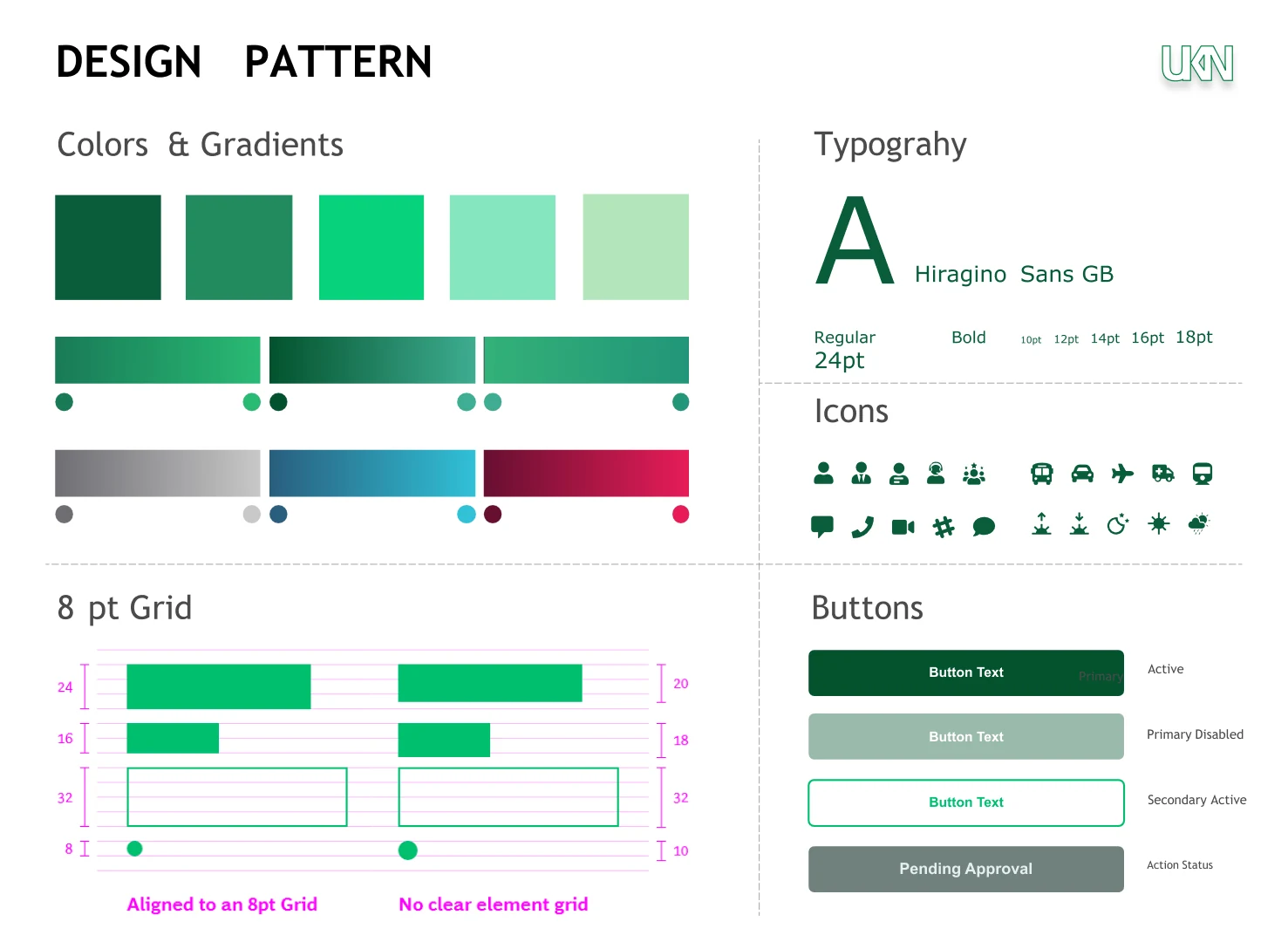UKN Design Pattern - Colors, gradients, typography, icons, buttons, and 8pt grid system