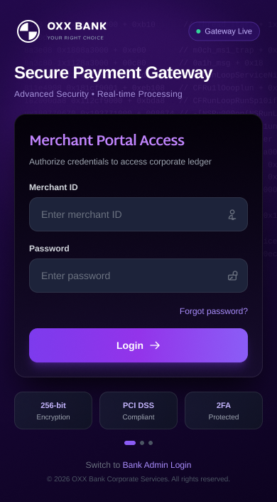 OXX Mobile Application Views – Merchant login – dark