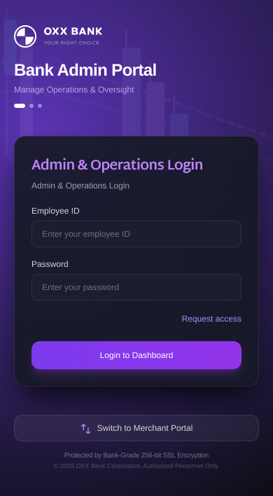 OXX Mobile Application Views – Bank admin login – light