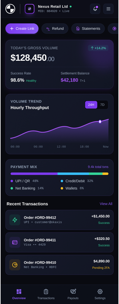 OXX Mobile Application Views – Merchant dashboard – dark