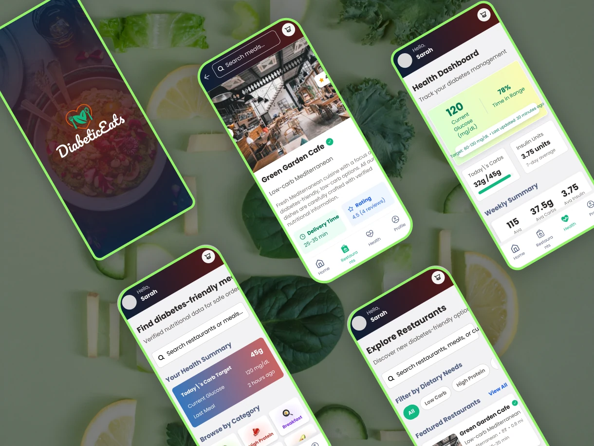 DiabeticEats mobile app mockup showcase displaying various screens including search, restaurant details, health dashboard, browse by category, and explore restaurants
